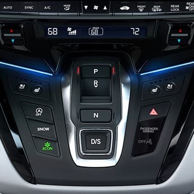2027 Honda Odyssey Elite push-button gear selector inside the modern van console (Minivan).